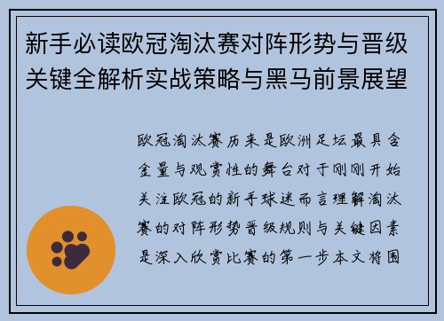 新手必读欧冠淘汰赛对阵形势与晋级关键全解析实战策略与黑马前景展望 新手必读欧冠淘汰赛对阵形势与晋级关键全解析实战策略与黑马前景展望